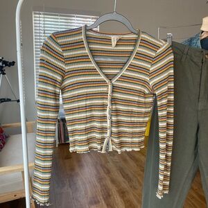 Sky and Sparrow - Long Sleeve Button Down Crop Top - Multicolor Stripes - Size M